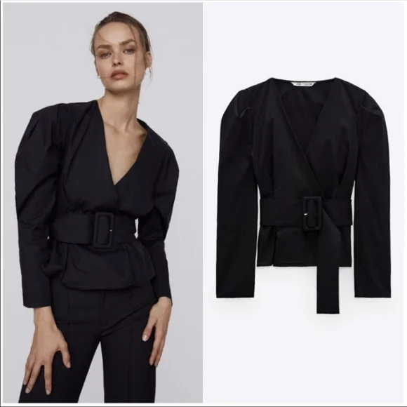 NWT* Zara Belted Puff Shoulder Poplin Wrap Blouse Black Top Shirt - Picture 7 of 12